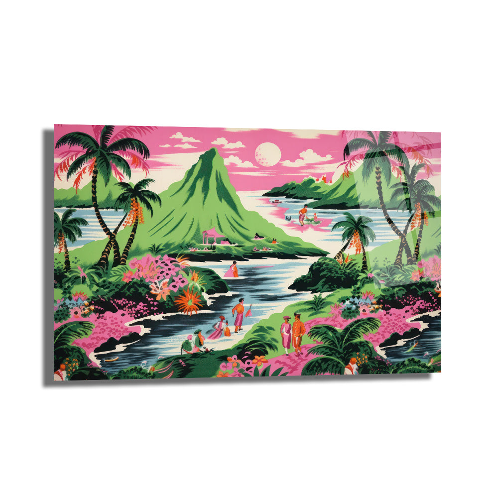 Tropik Rüya: Pembe Gökyüzü ve Palmiyeler Cam Tablo