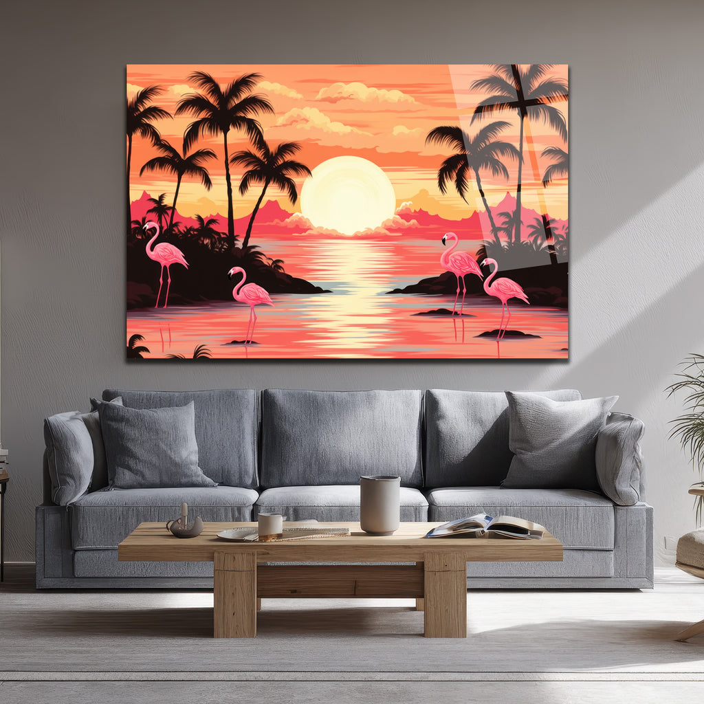 Tropikal Flamingo Gün Batımı Temalı Cam Tablo