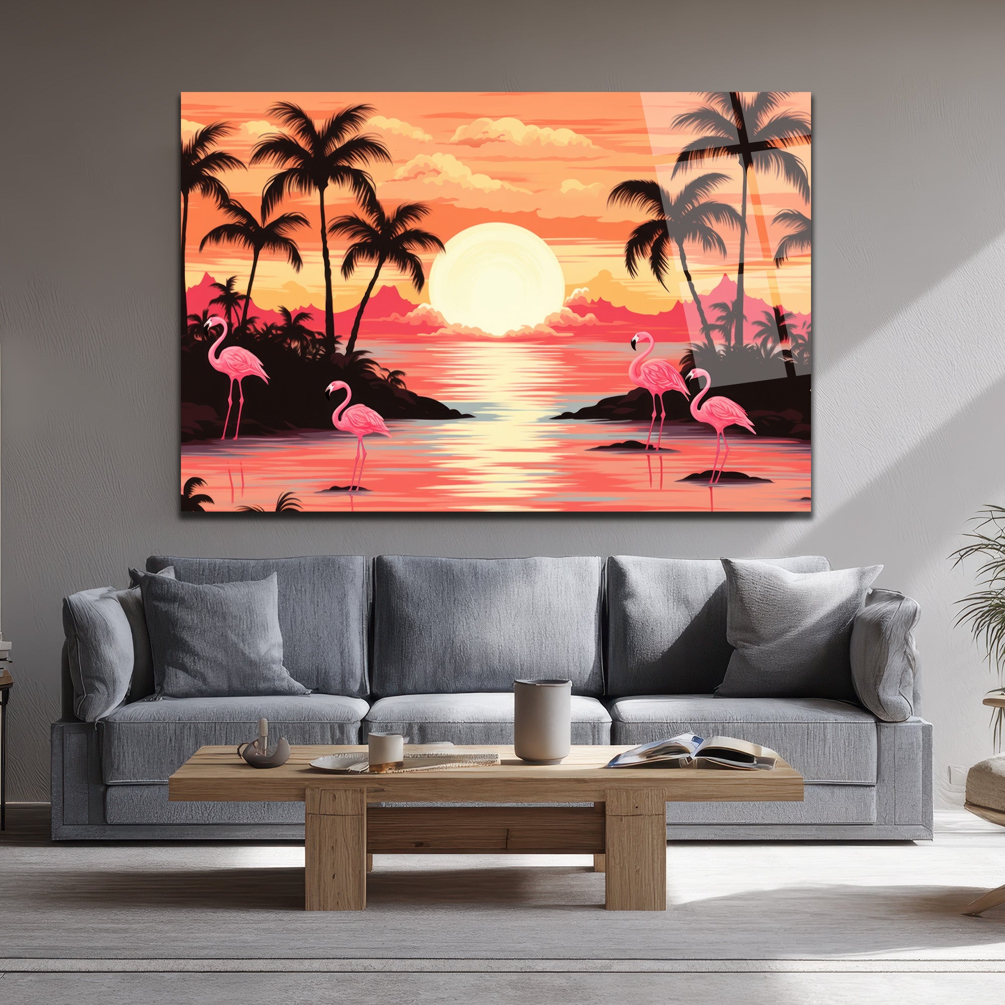 Tropikal Flamingo Gün Batımı Temalı Cam Tablo