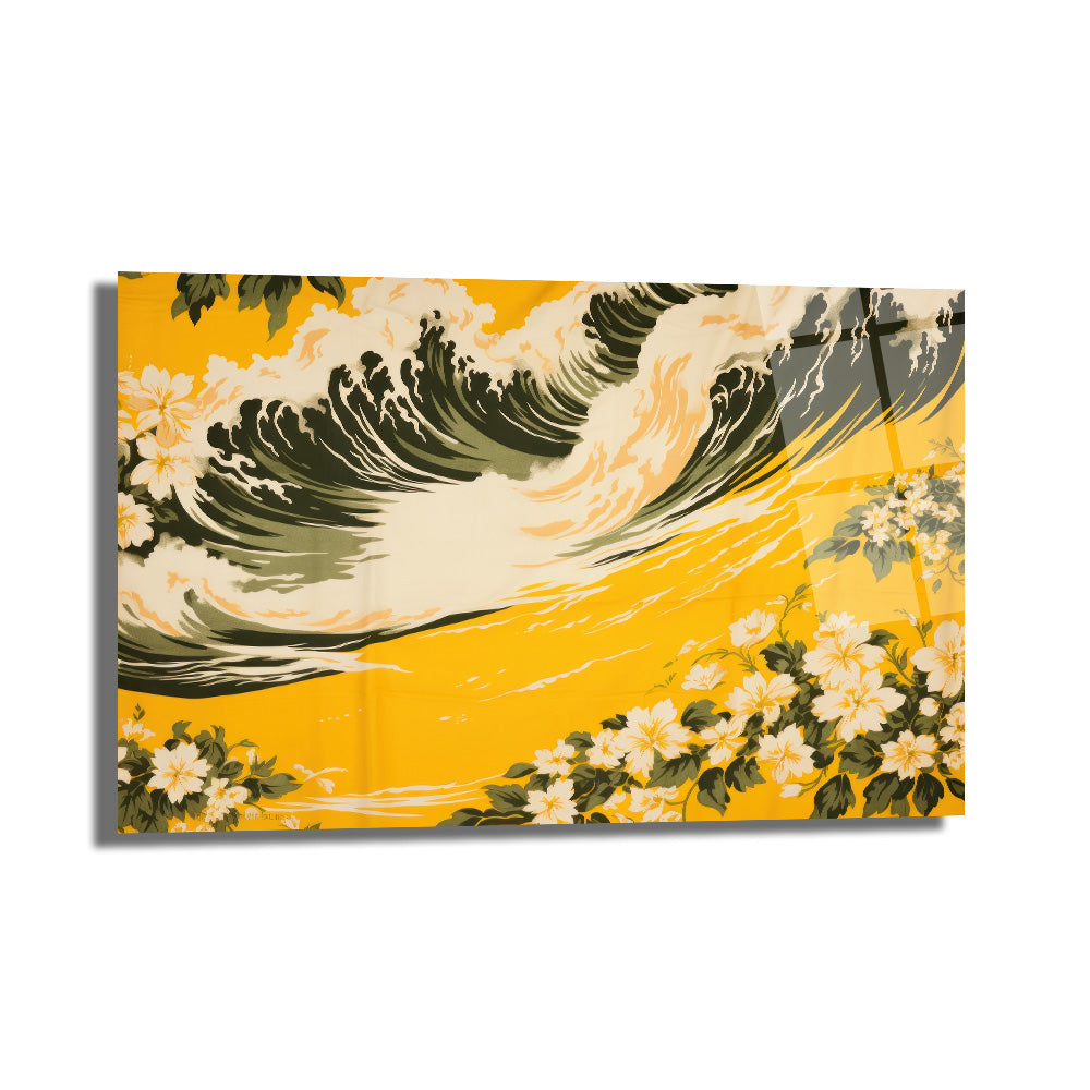 Hokusai Esintili Tropikal Dalga ve Çiçekler Cam Tablo