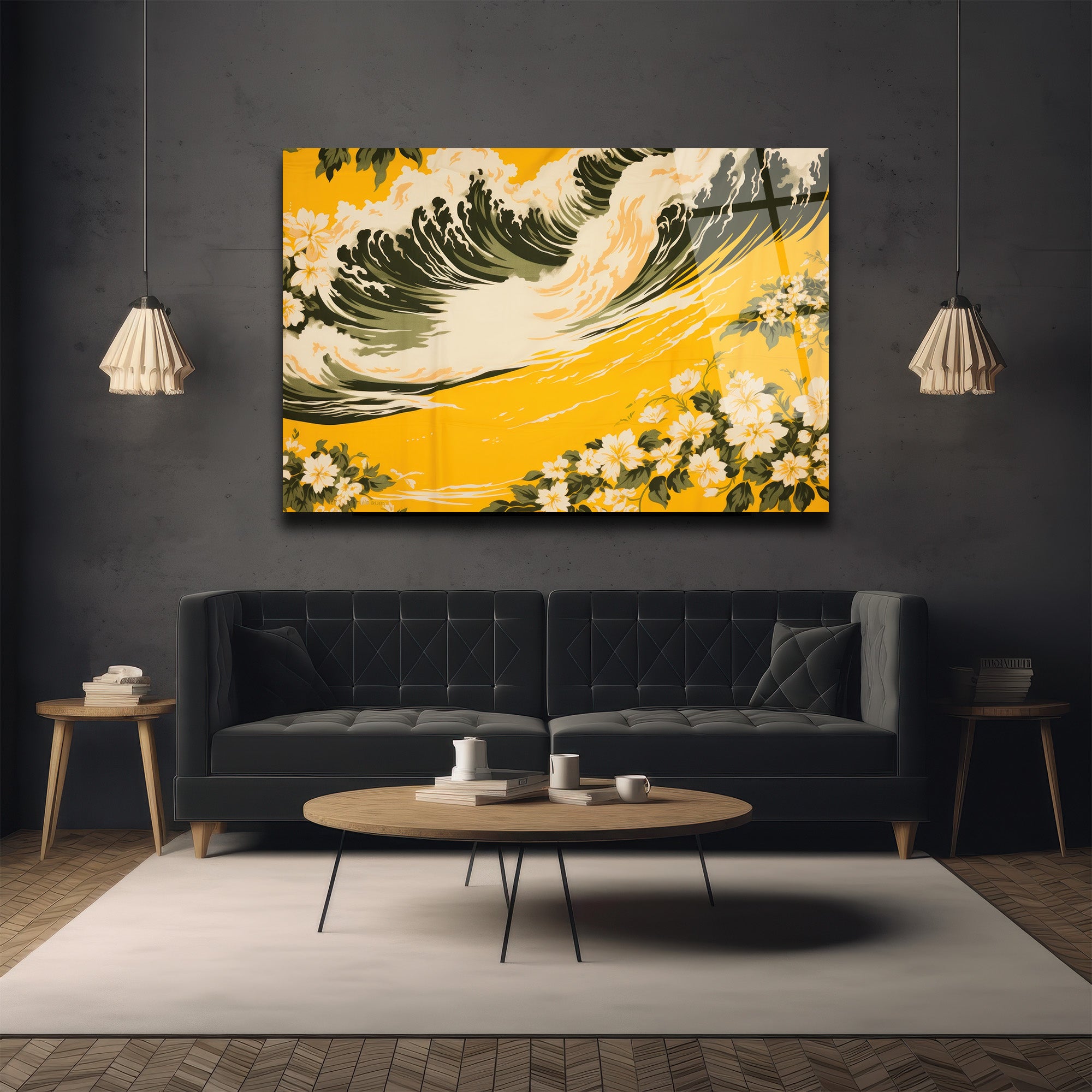 Hokusai Esintili Tropikal Dalga ve Çiçekler Cam Tablo