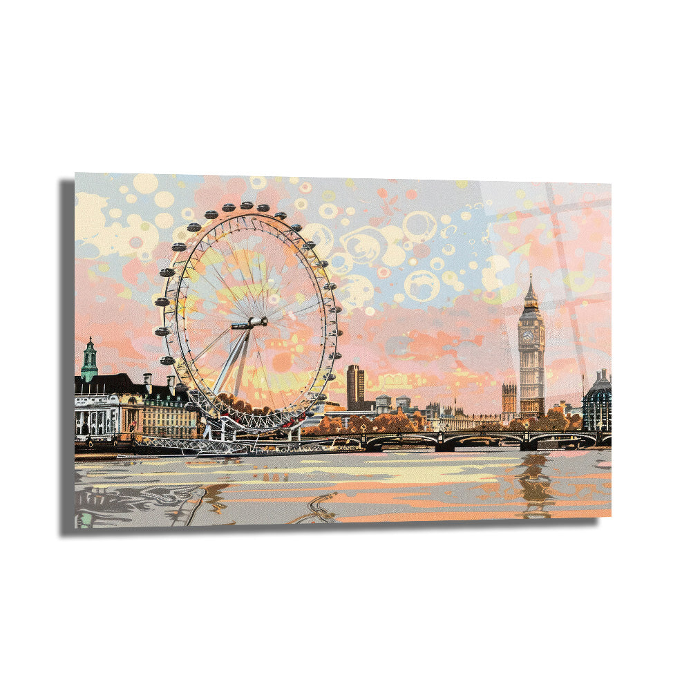 Londra Manzarası Modern Sanat Cam Tablo - Big Ben ve London Eye