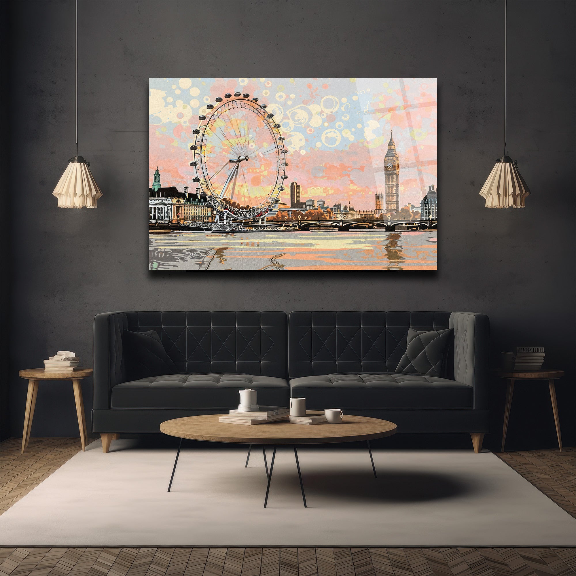 Londra Manzarası Modern Sanat Cam Tablo - Big Ben ve London Eye