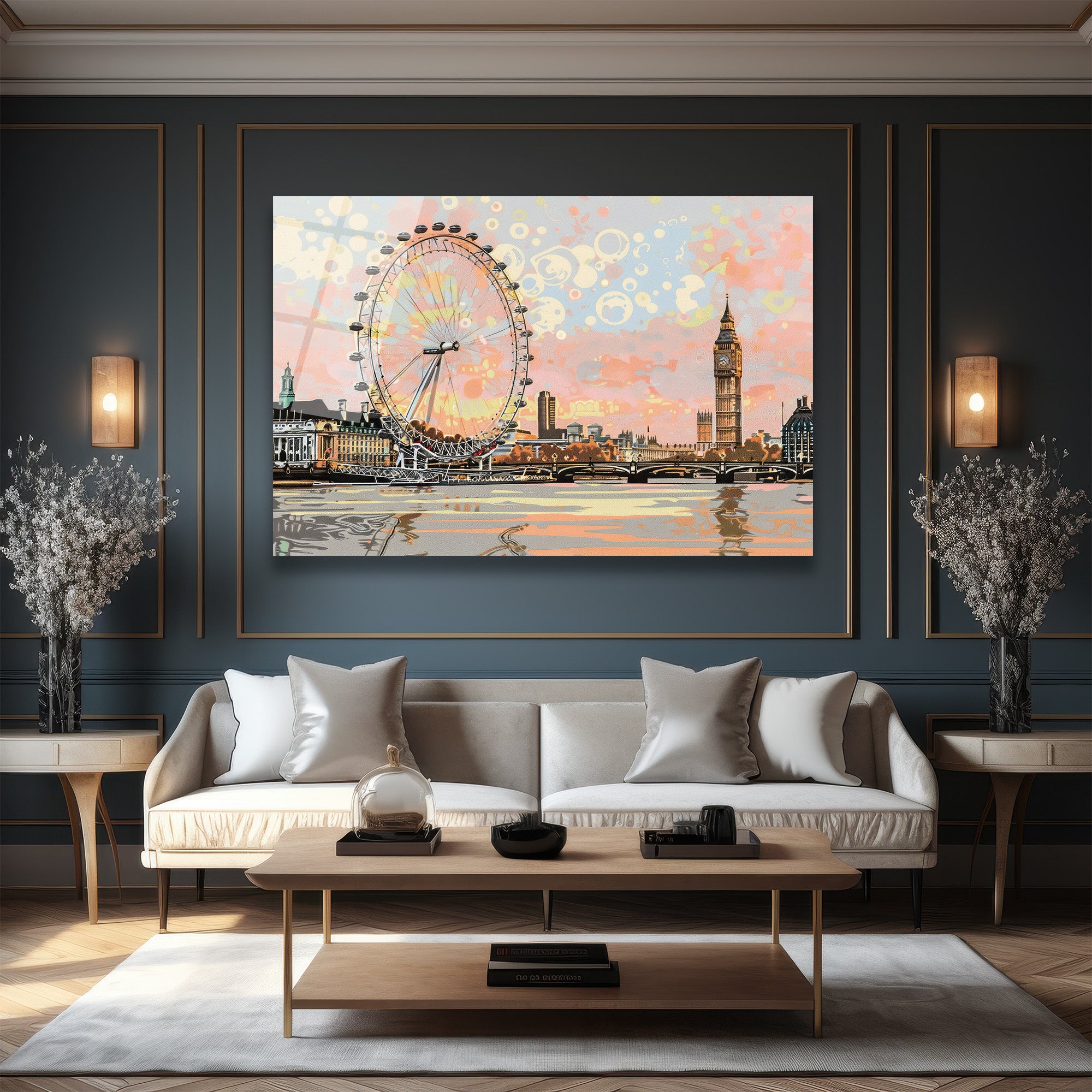 Londra Manzarası Modern Sanat Cam Tablo - Big Ben ve London Eye