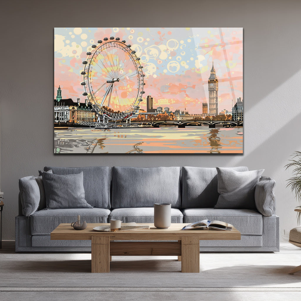 Londra Manzarası Modern Sanat Cam Tablo - Big Ben ve London Eye