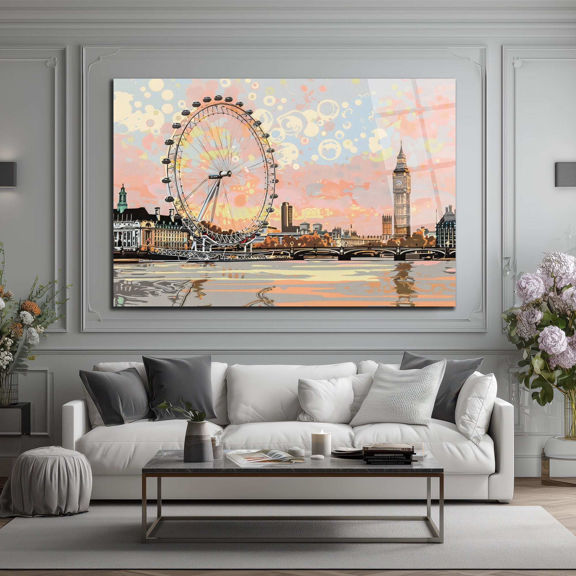 Londra Manzarası Modern Sanat Cam Tablo - Big Ben ve London Eye