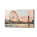 Pastel tonlarda, sanatsal bir tarzda resmedilmiş Londra şehir manzarası cam tablo. Ön planda Thames Nehri, sol tarafta London Eye ve sağda Big Ben kulesi belirgin. Gökyüzünde pembe, turuncu ve açık mavi tonlarında soyut baloncuk ve sıçrama efektleri bulunuyor.