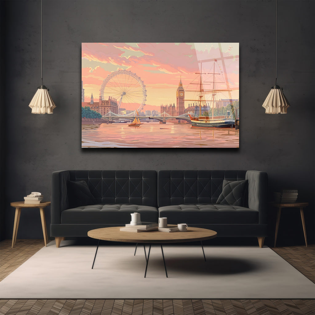 Londra Gün Batımı Sihri Cam Tablo - Thames Nehri ve Big Ben