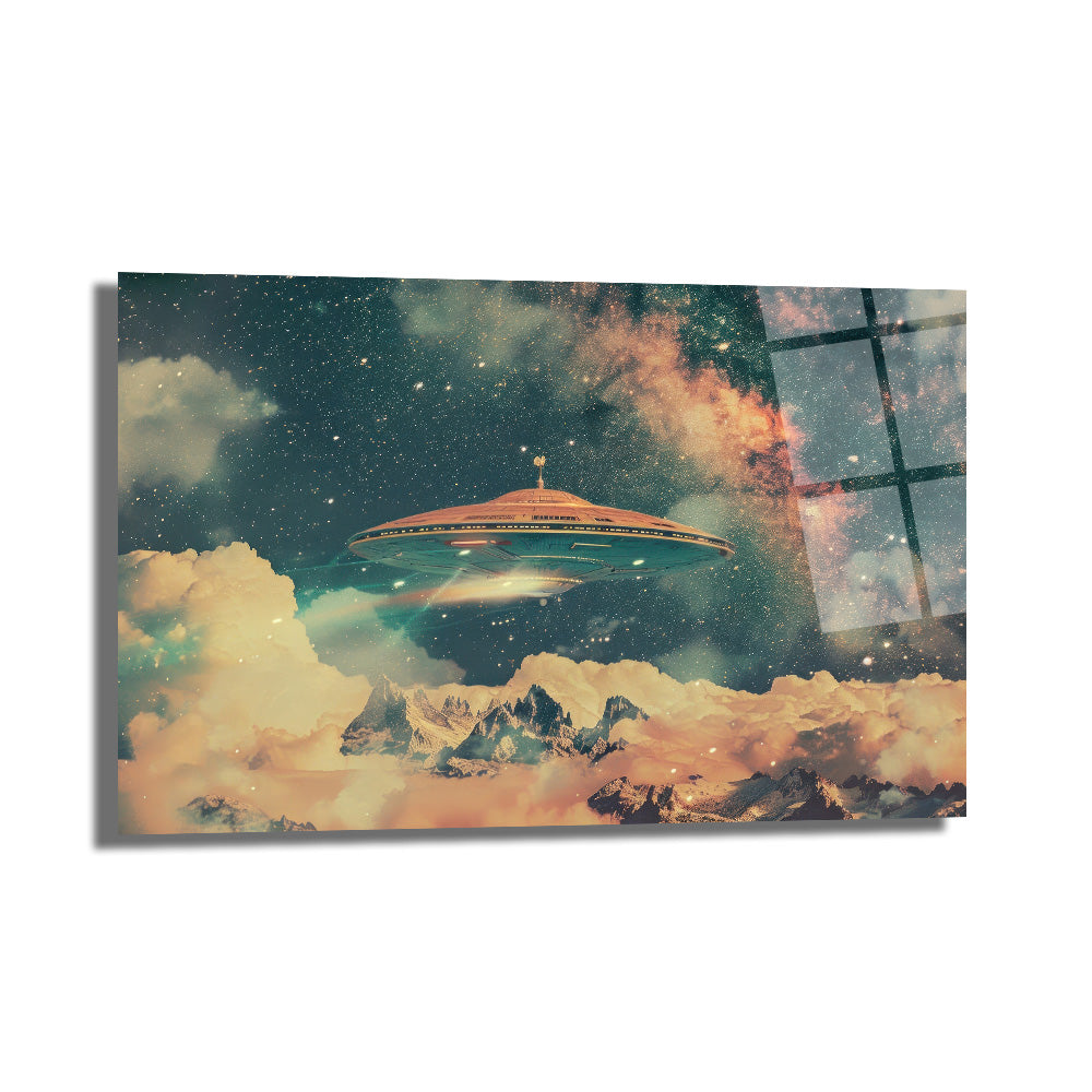Gizemli UFO ve Galaksi Manzaralı Premium Cam Tablo