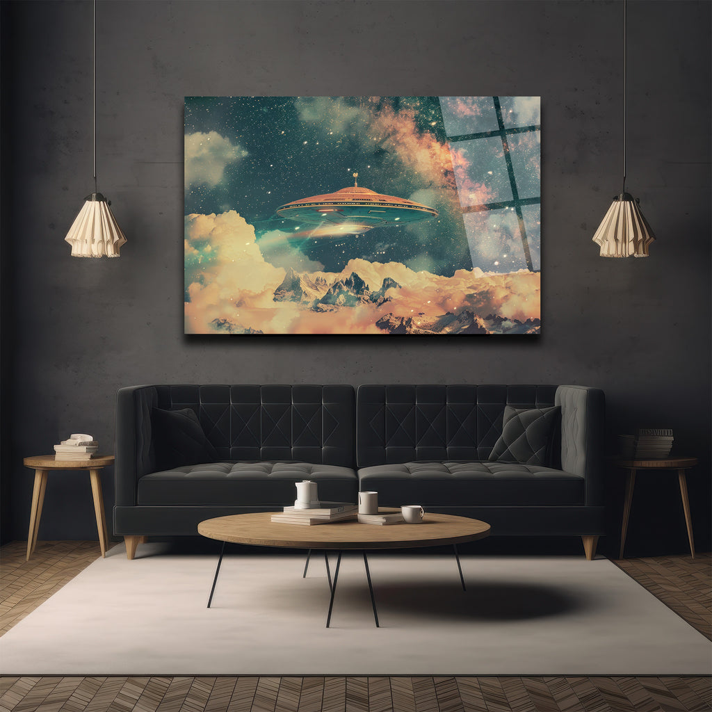 Gizemli UFO ve Galaksi Manzaralı Premium Cam Tablo