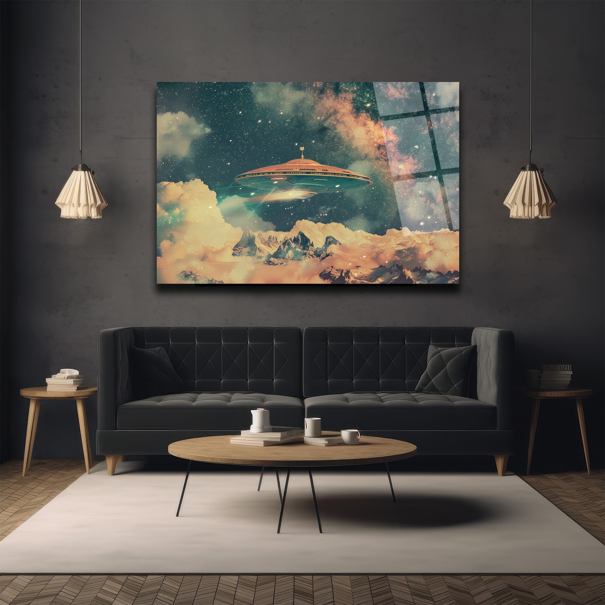 Gizemli UFO ve Galaksi Manzaralı Premium Cam Tablo