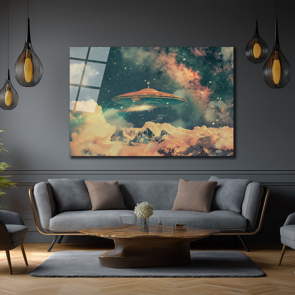 Gizemli UFO ve Galaksi Manzaralı Premium Cam Tablo