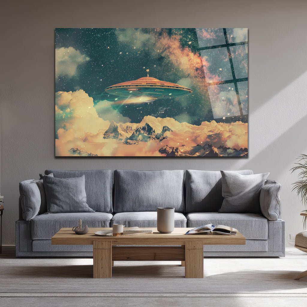 Gizemli UFO ve Galaksi Manzaralı Premium Cam Tablo