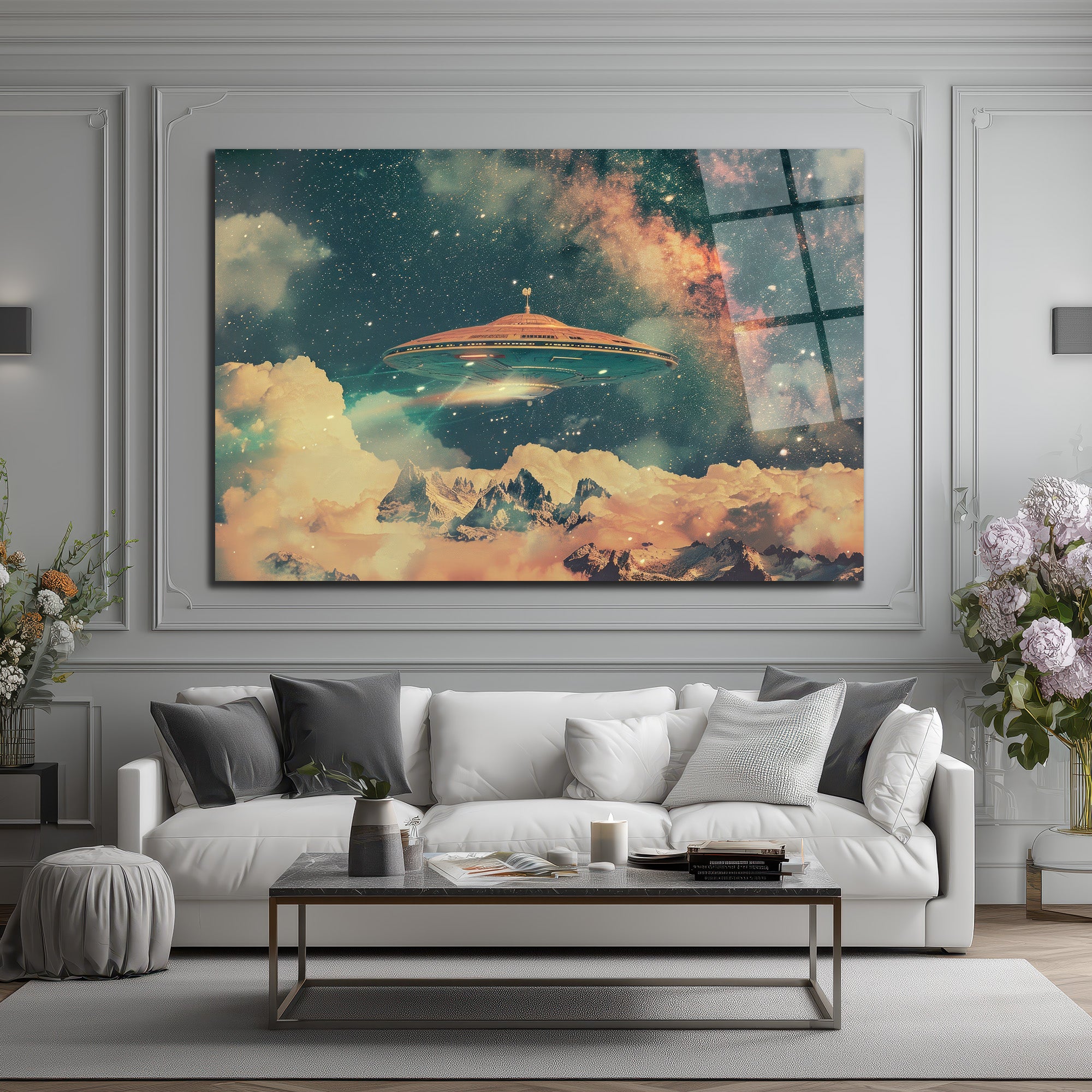 Gizemli UFO ve Galaksi Manzaralı Premium Cam Tablo