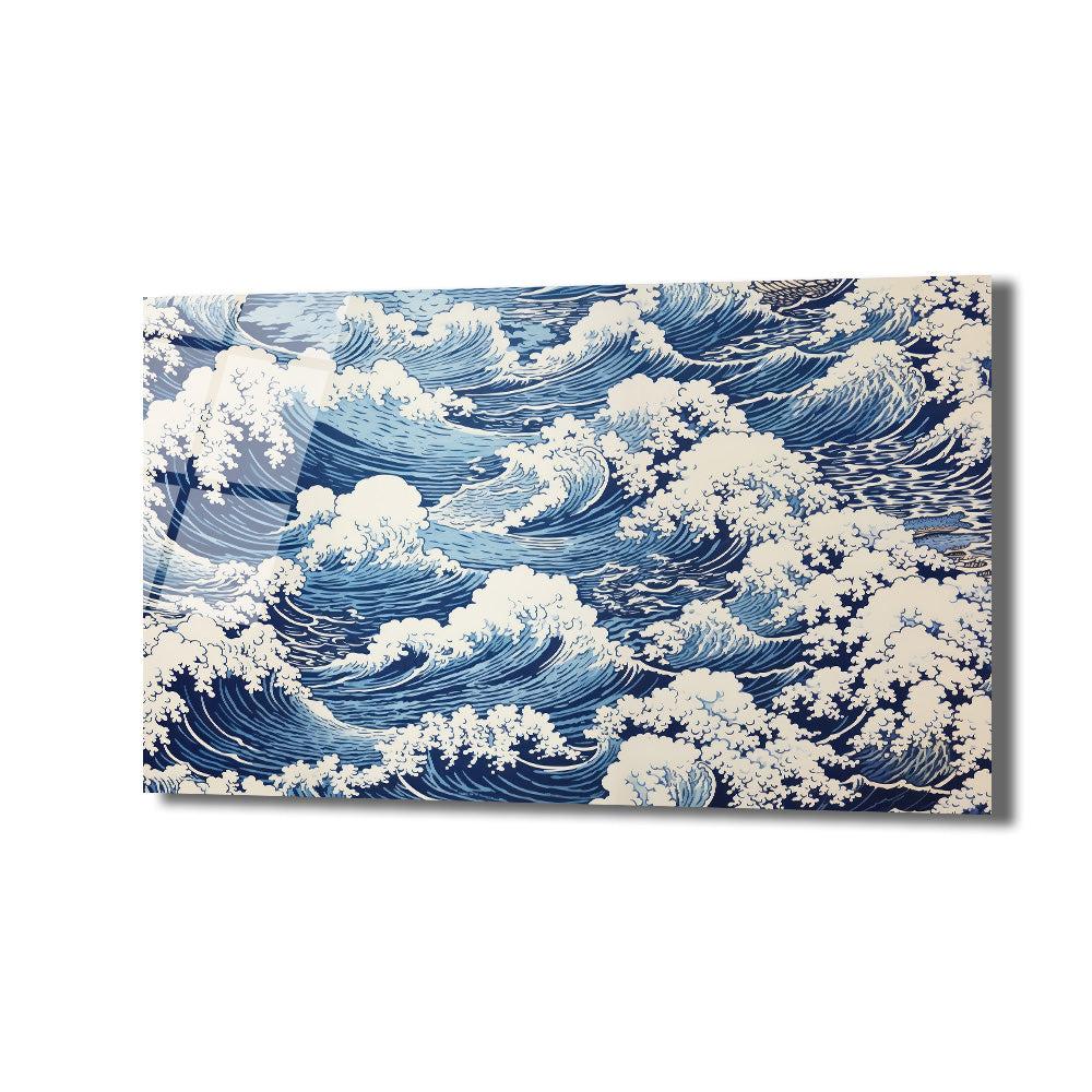 Japon Ukiyo-e tarzında, beyaz köpüklü, lacivert ve açık mavi tonlarında güçlü okyanus dalgalarını gösteren cam tablo.
