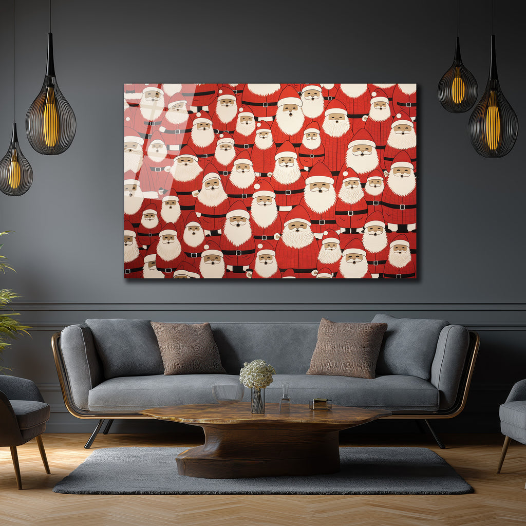 Neşeli Noel Babalar Desenli Premium Cam Tablo