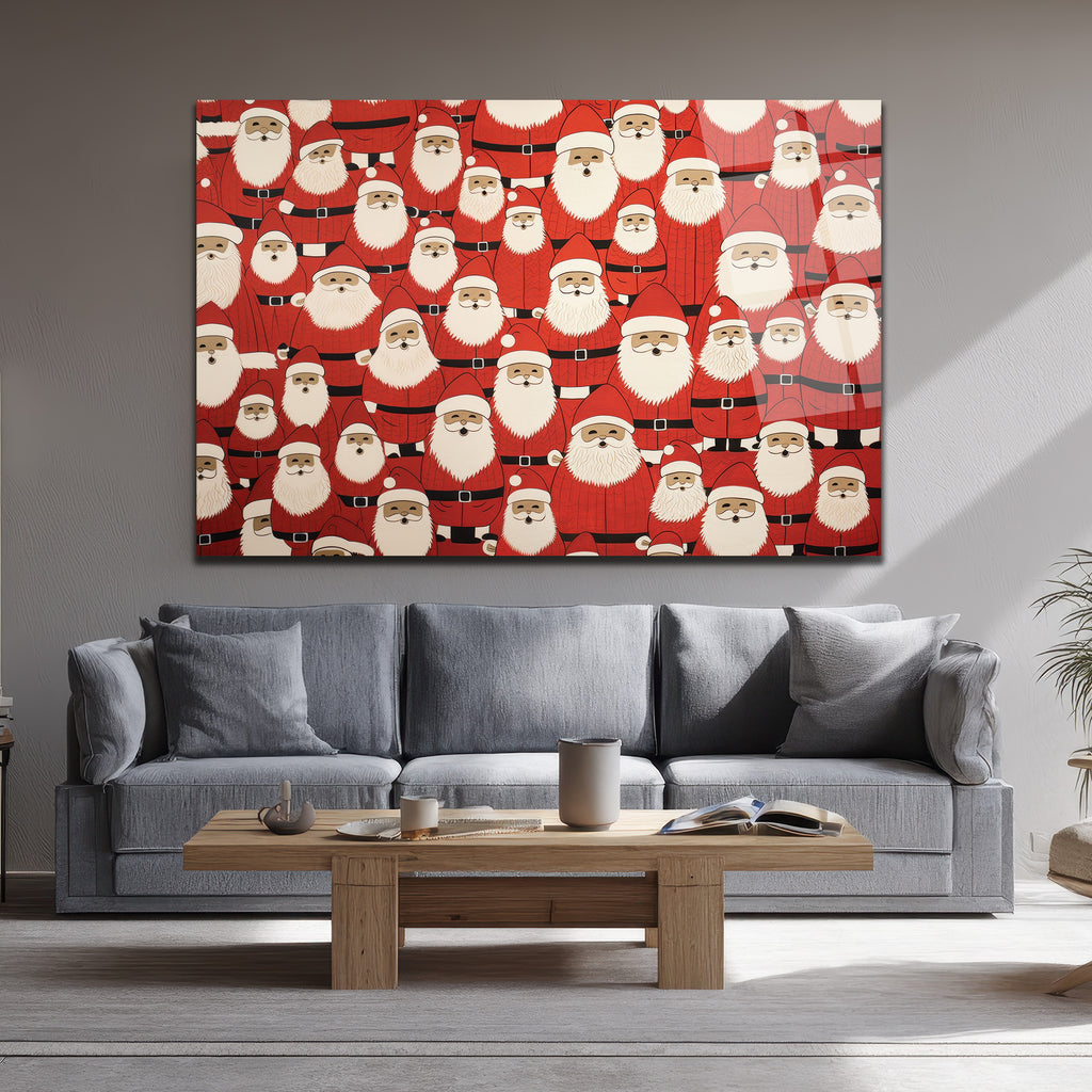 Neşeli Noel Babalar Desenli Premium Cam Tablo