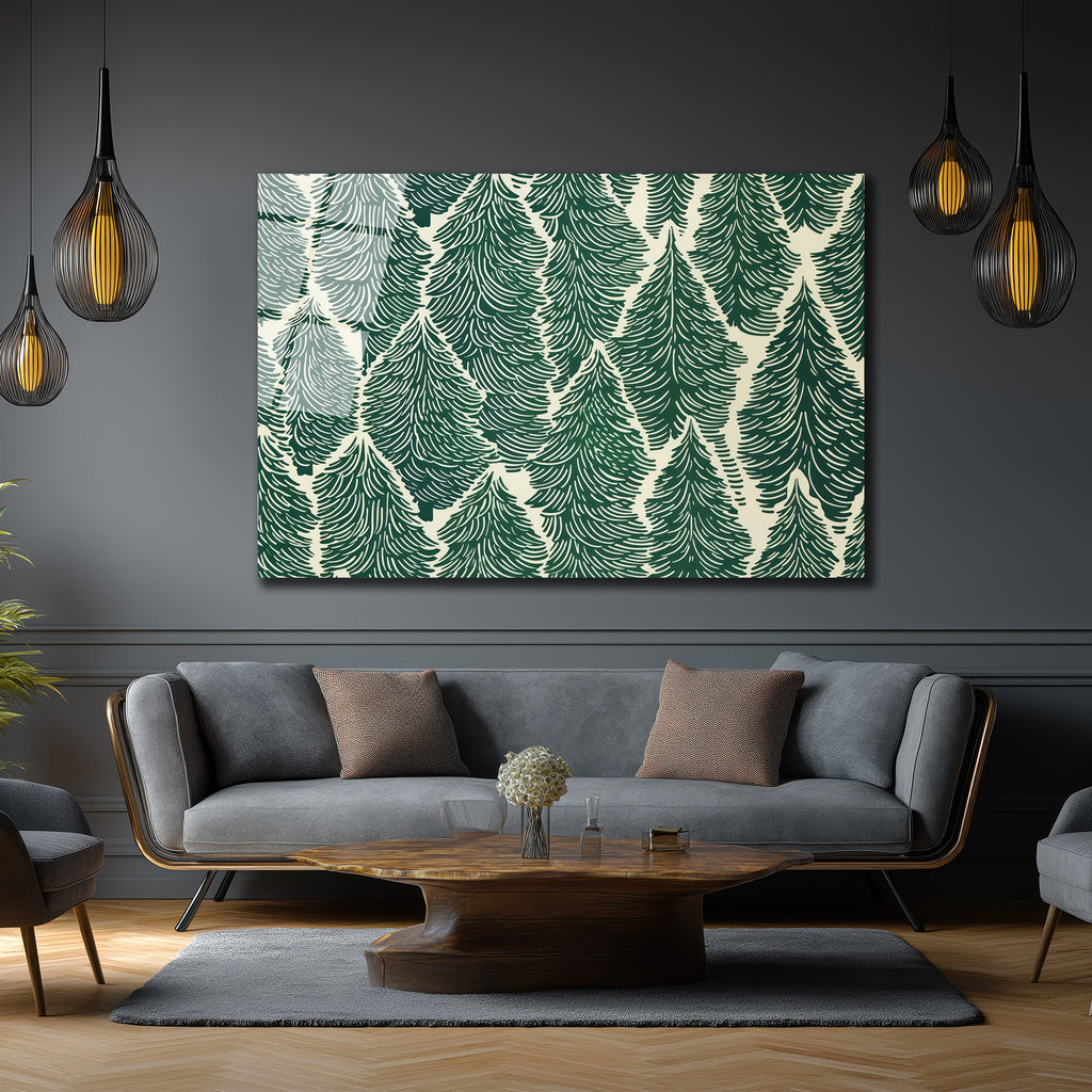 Yeşil Çam Ağaçları Desenli Modern Cam Tablo