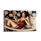 Banyo Keyfi: Kırmızı Elbiseli Vintage Kadın Cam Tablo