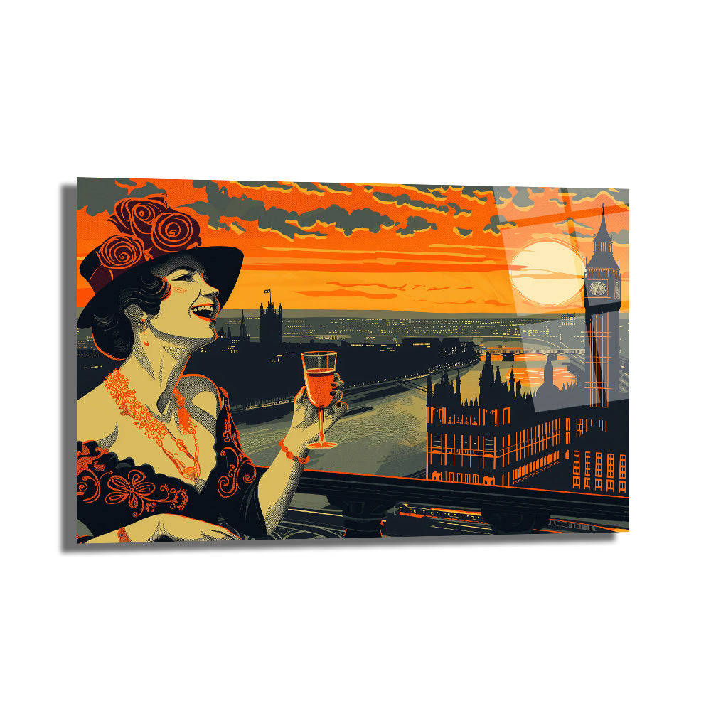 Londra Gün Batımı ve Art Deco Kadın Cam Tablo