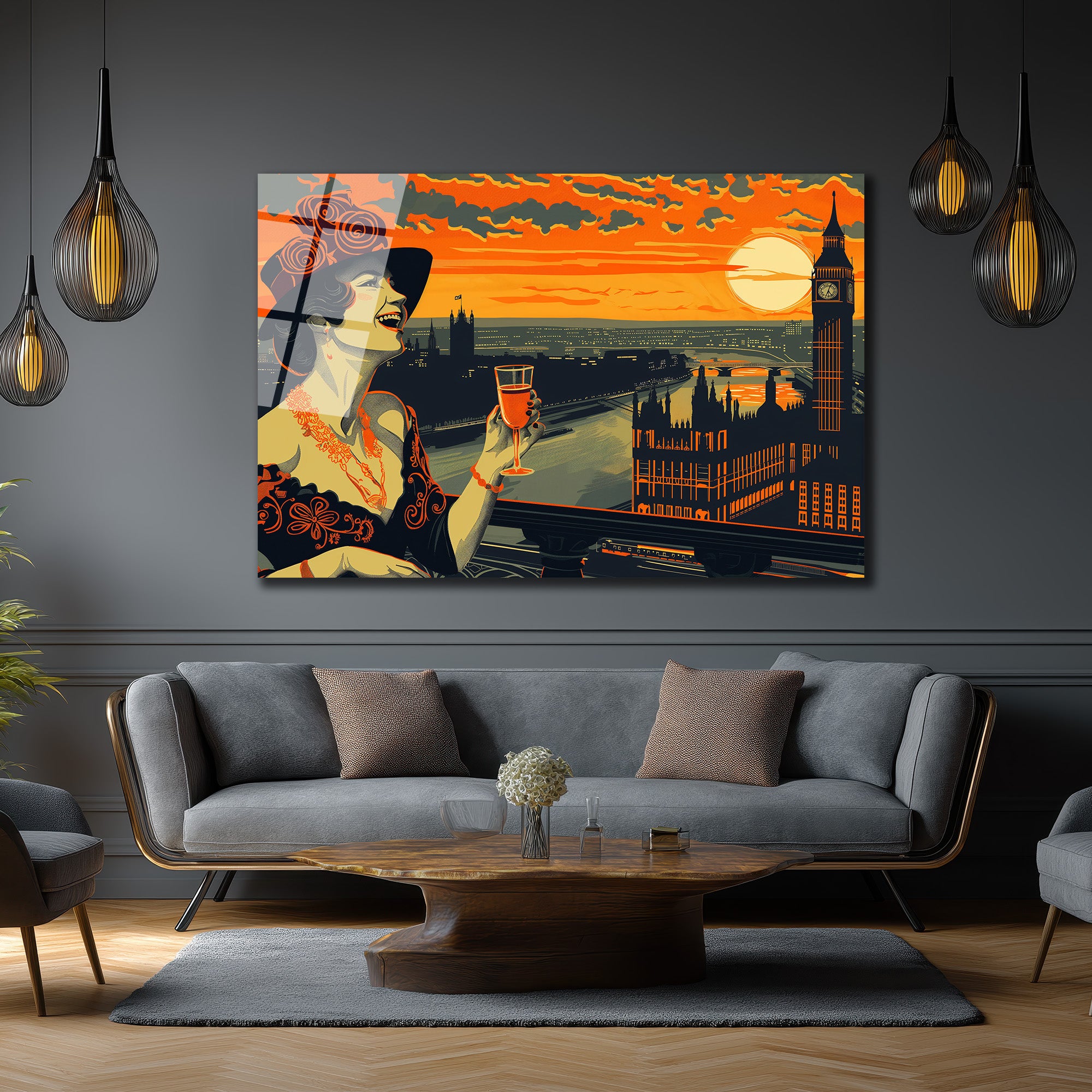 Londra Gün Batımı ve Art Deco Kadın Cam Tablo
