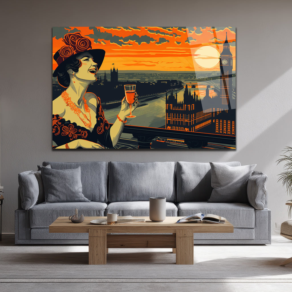 Londra Gün Batımı ve Art Deco Kadın Cam Tablo
