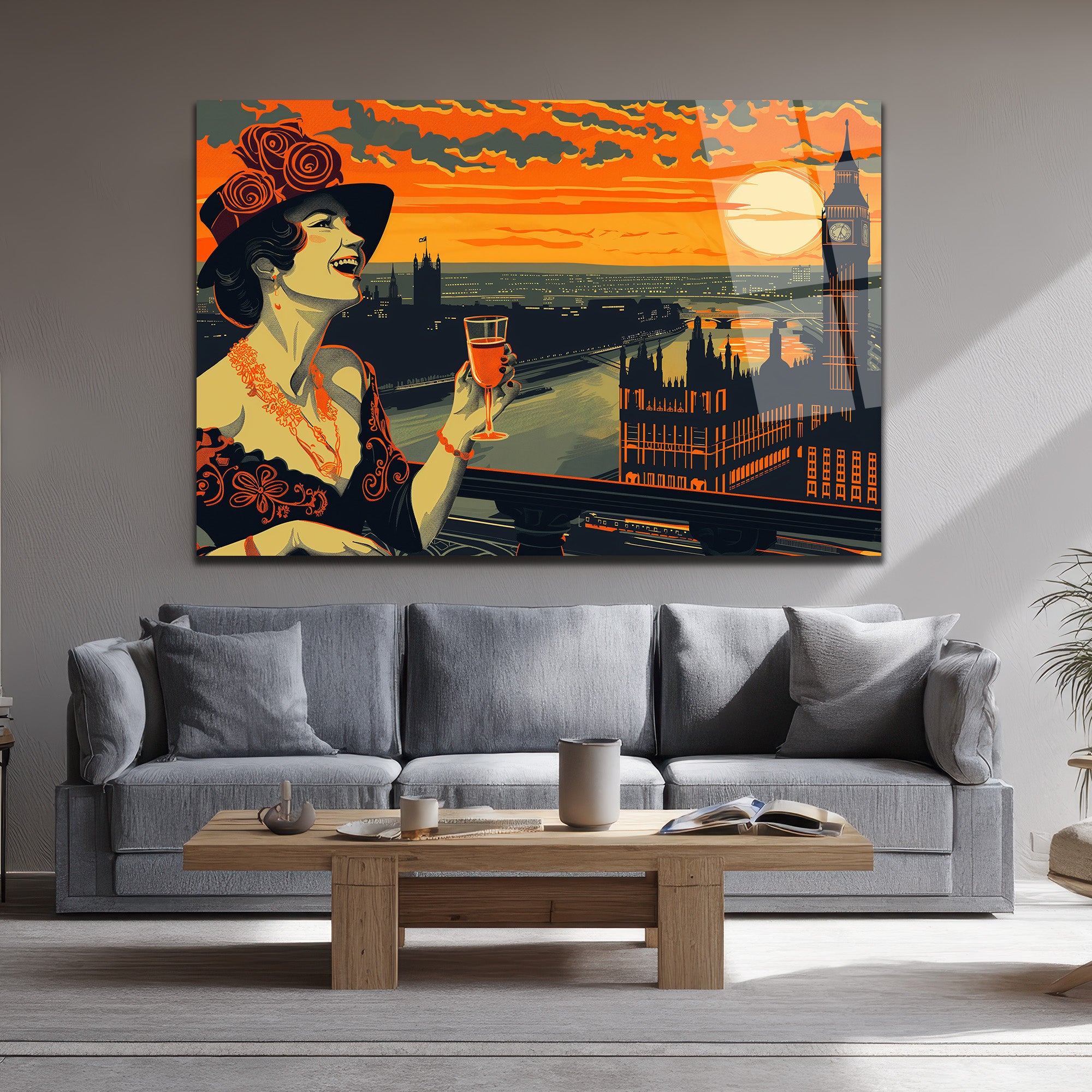 Londra Gün Batımı ve Art Deco Kadın Cam Tablo