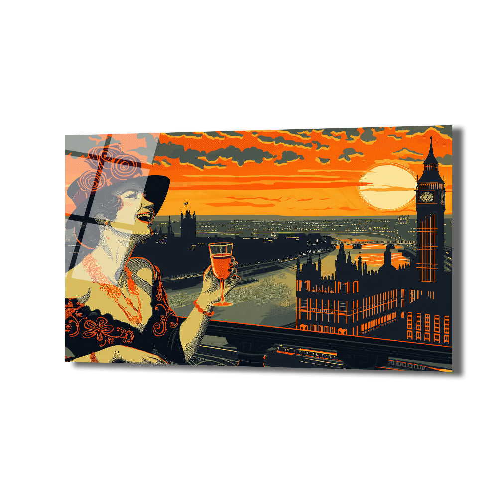 Art Deco tarzında, Big Ben ve Thames Nehri manzaralı Londra'da gün batımını izleyen şık bir kadın, elinde kadeh tutuyor.