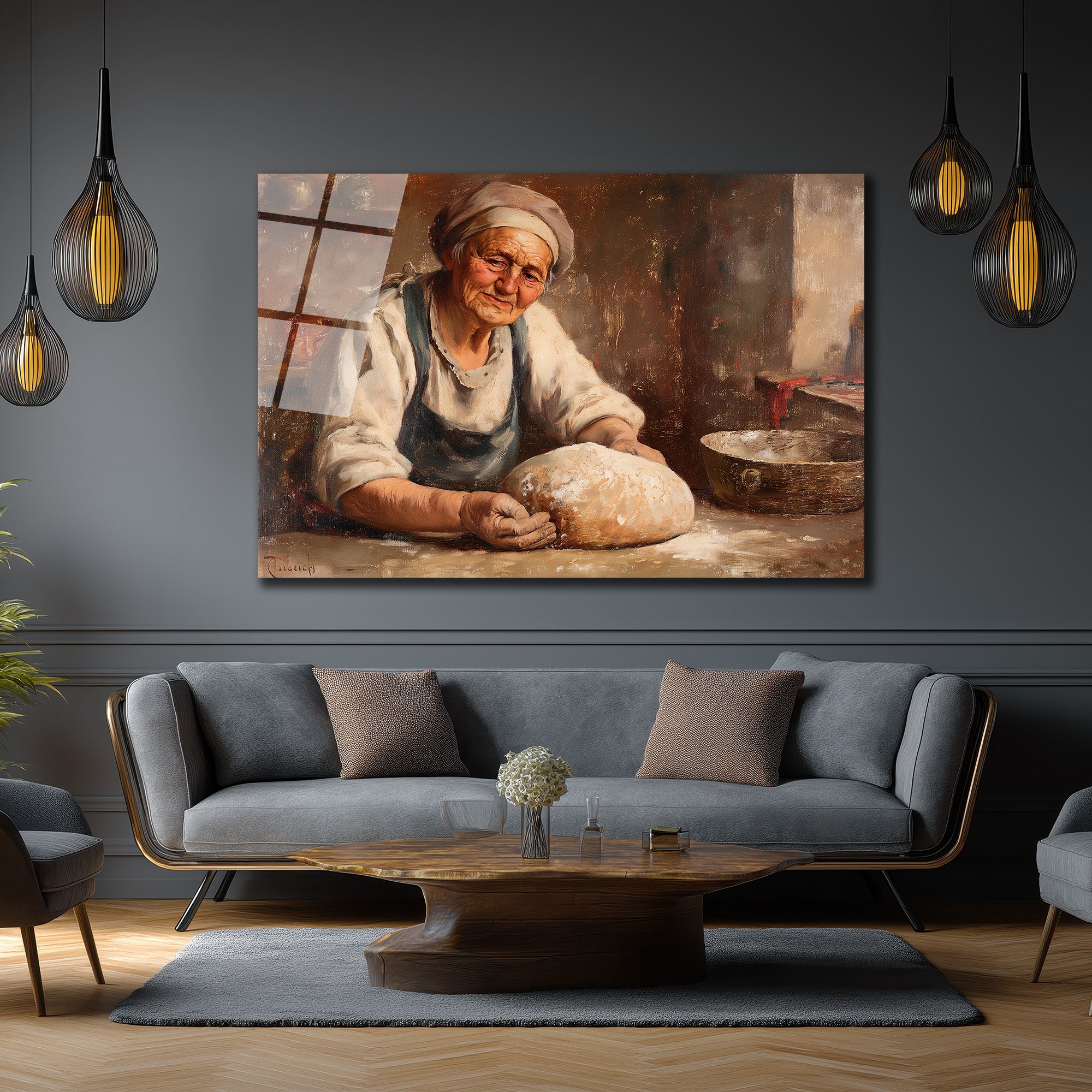Geleneksel Ekmek Yapan Kadın Temalı Cam Tablo