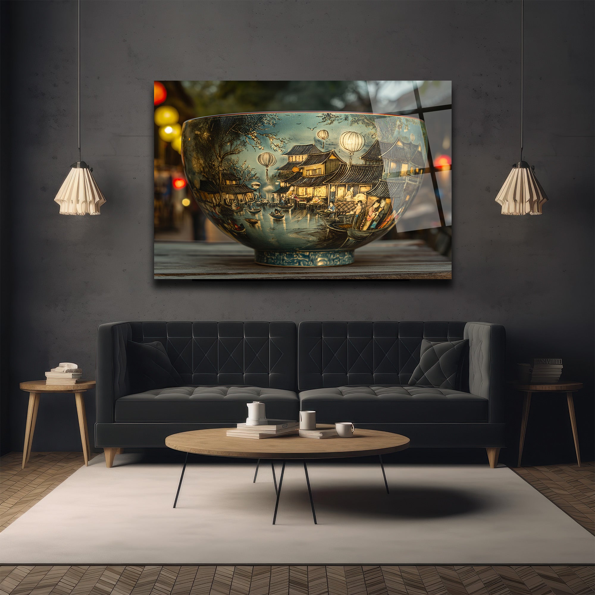 Uzak Doğu Rüyası: Işıltılı Kanal Şehri Cam Tablo