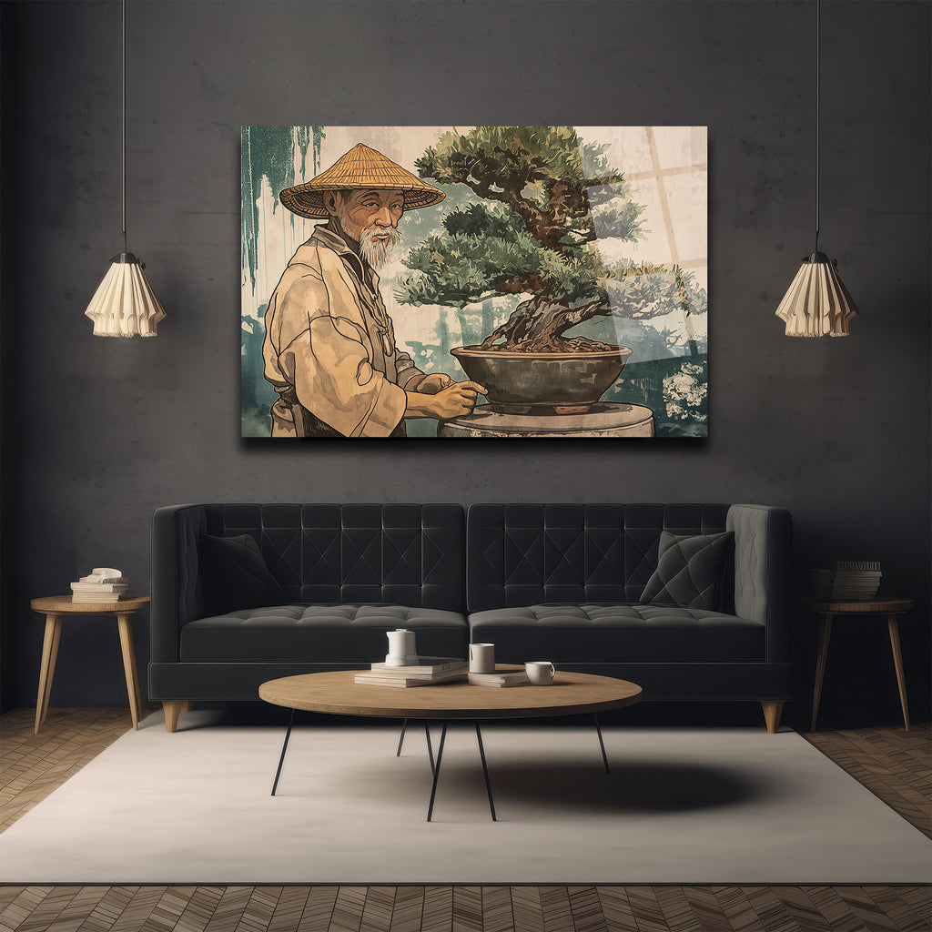Bonsai Ustası ve Sakin Dünya Cam Tablo