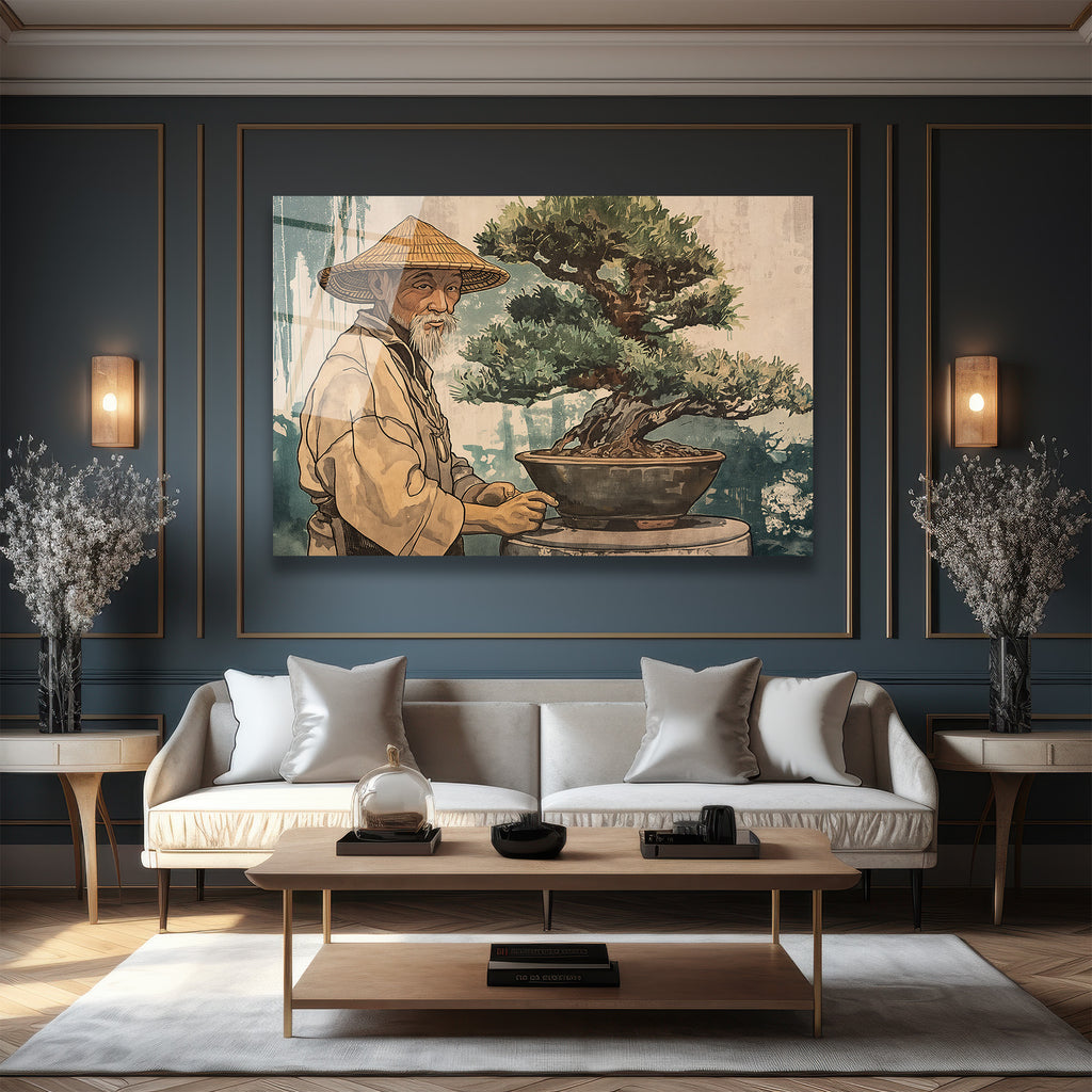 Bonsai Ustası ve Sakin Dünya Cam Tablo