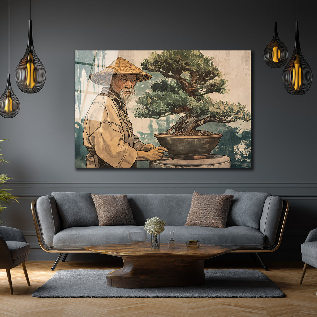 Bonsai Ustası ve Sakin Dünya Cam Tablo