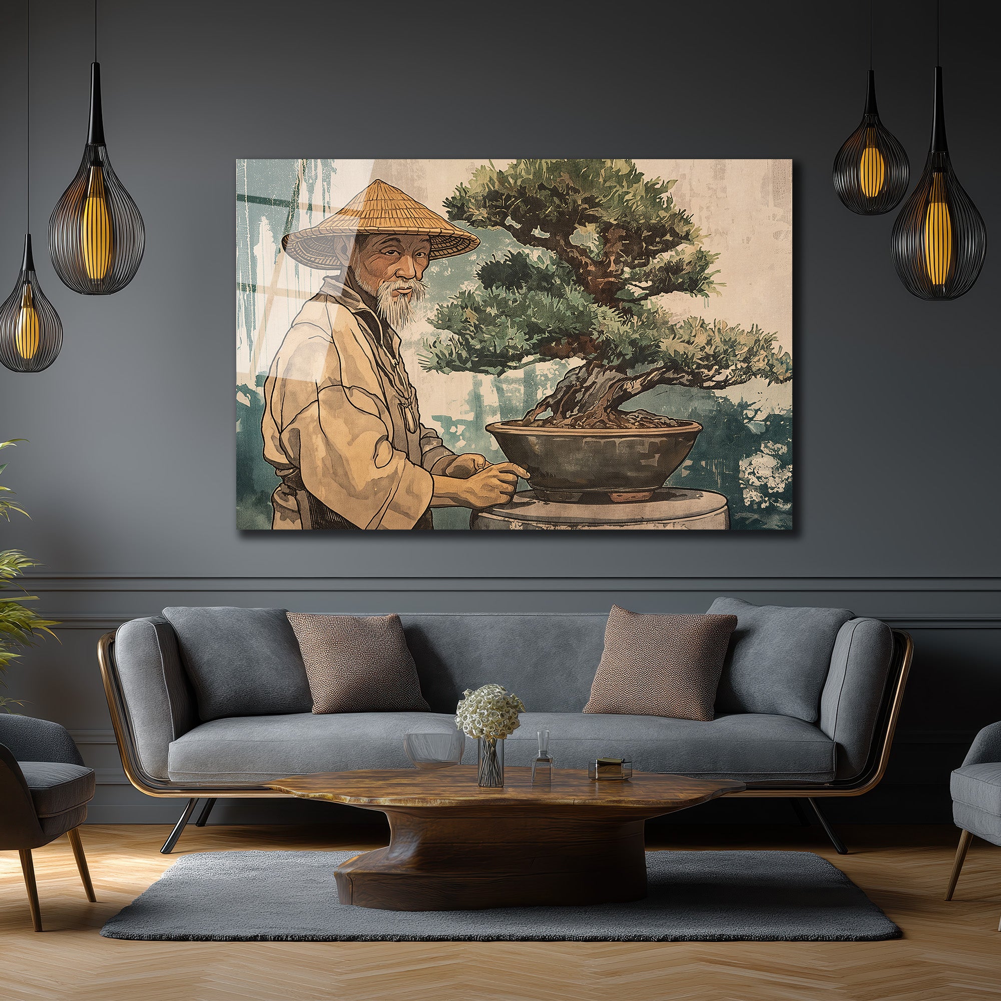 Bonsai Ustası ve Sakin Dünya Cam Tablo