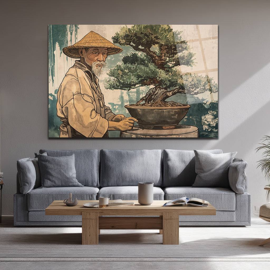 Bonsai Ustası ve Sakin Dünya Cam Tablo