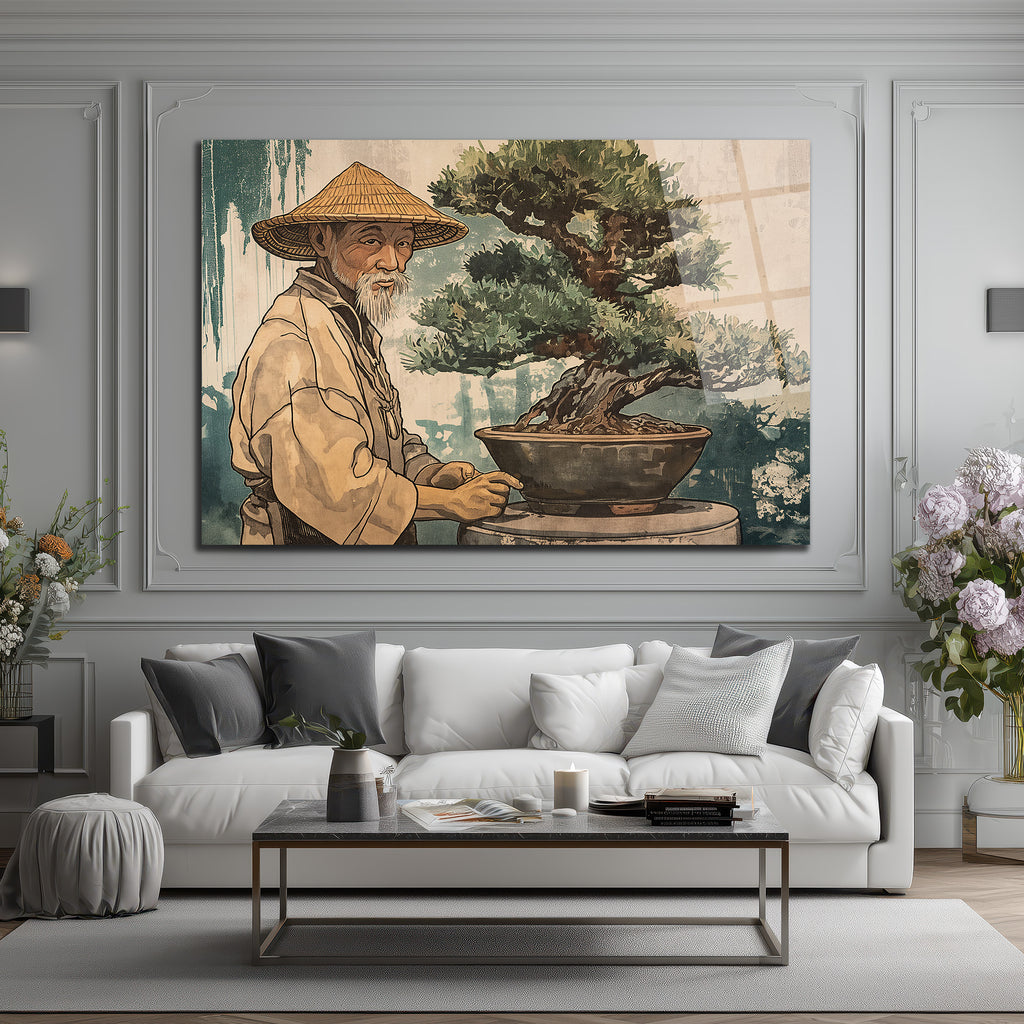 Bonsai Ustası ve Sakin Dünya Cam Tablo