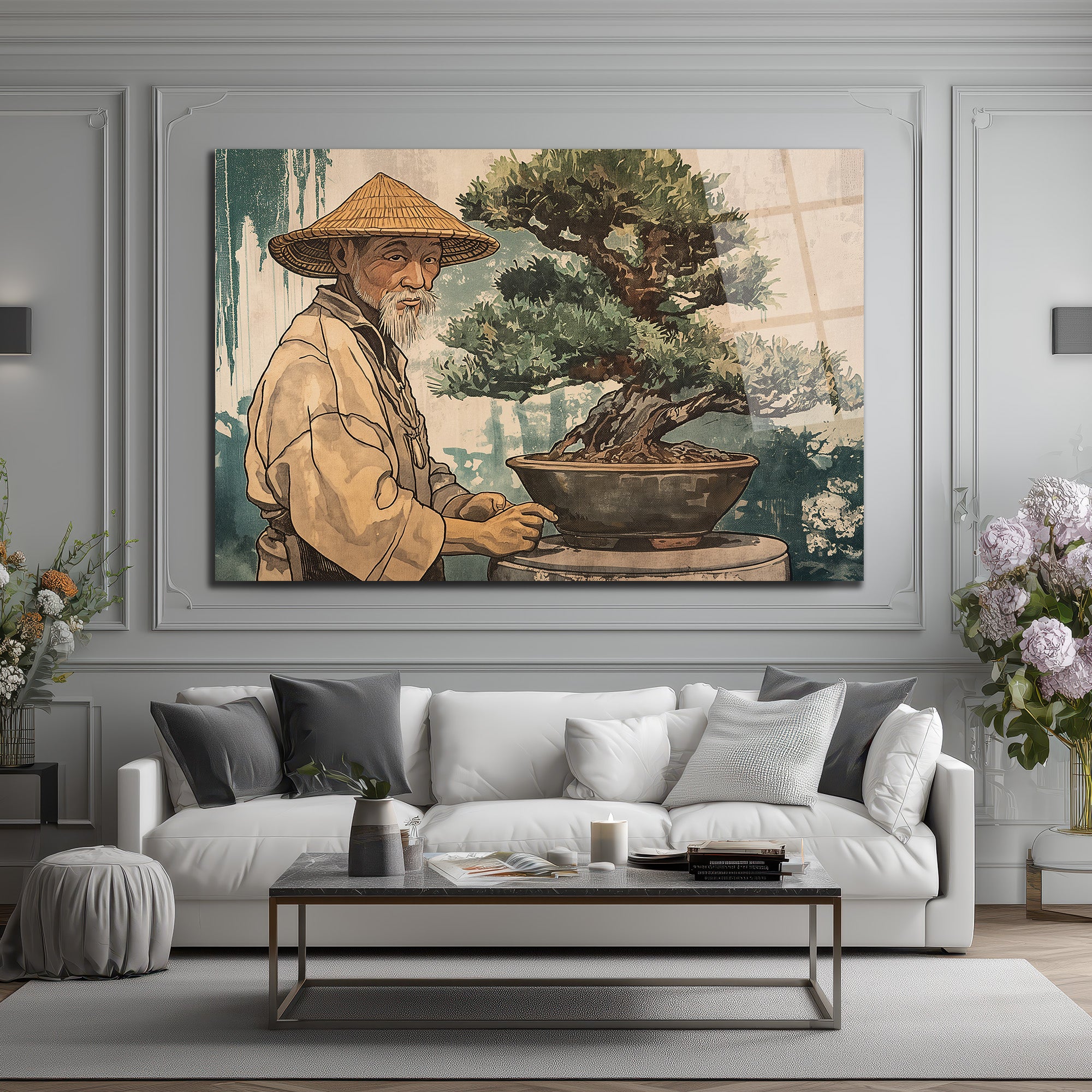 Bonsai Ustası ve Sakin Dünya Cam Tablo