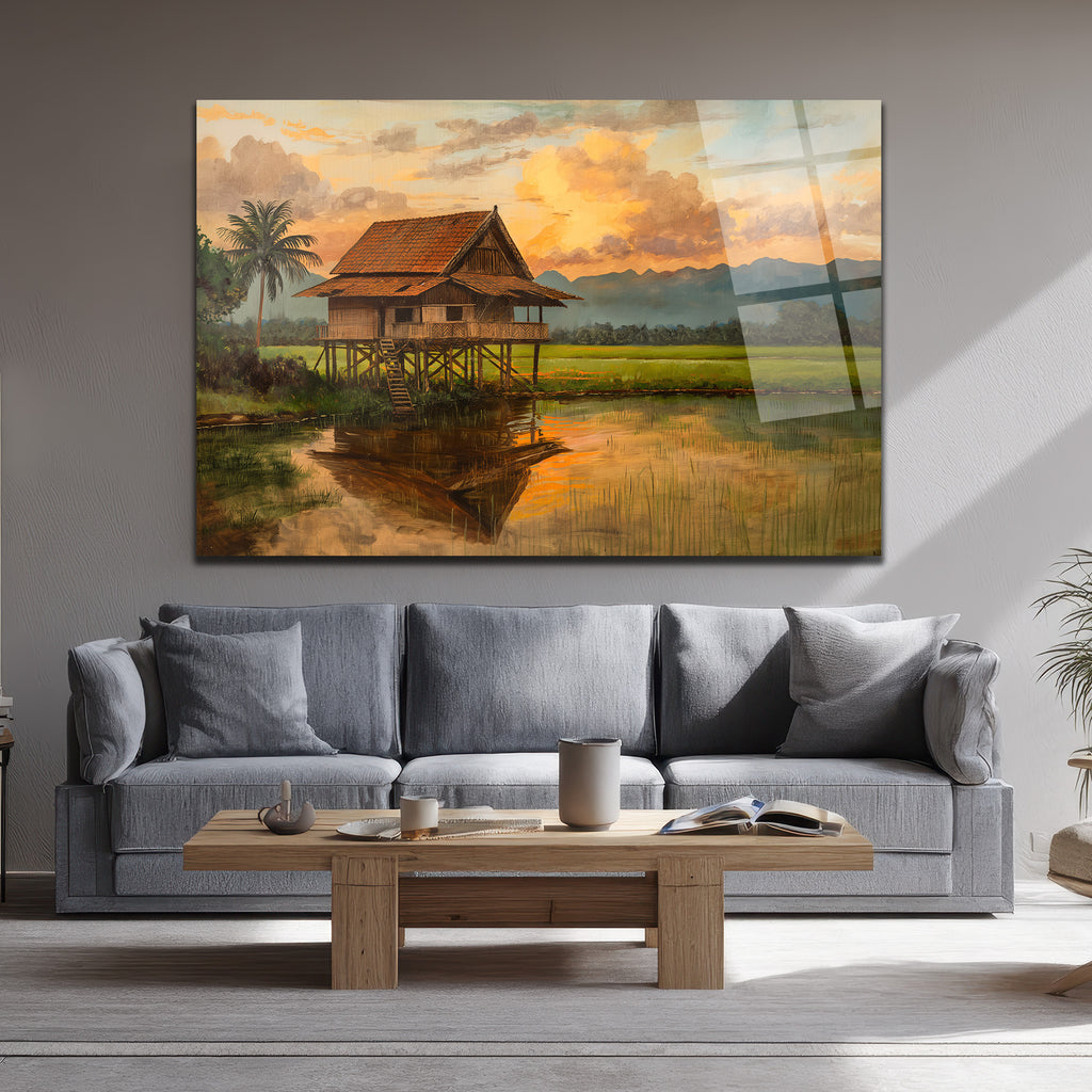 Gün Batımı Göl Evleri Manzarası Cam Tablo - Huzur Dolu Duvar Sanatı
