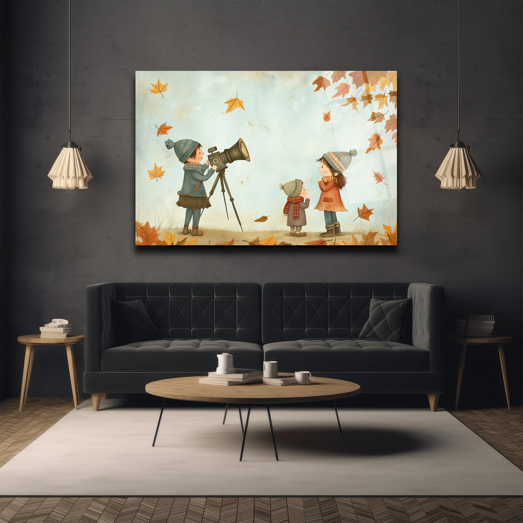 Sonbahar Keşfi Çocuklar ve Teleskop Cam Tablo
