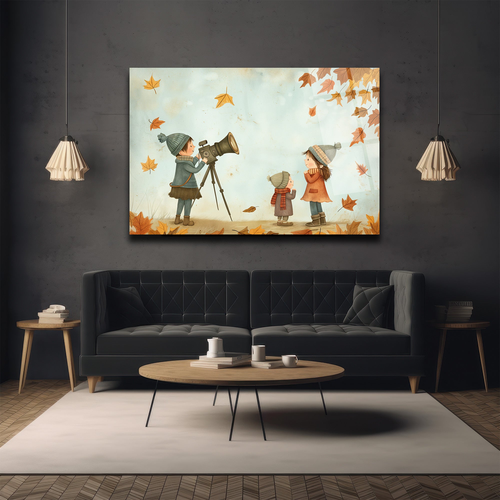 Sonbahar Keşfi Çocuklar ve Teleskop Cam Tablo