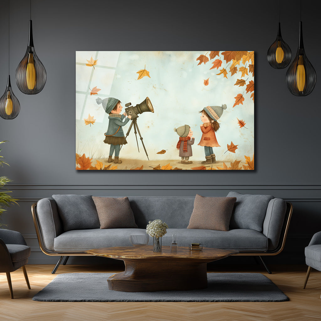 Sonbahar Keşfi Çocuklar ve Teleskop Cam Tablo