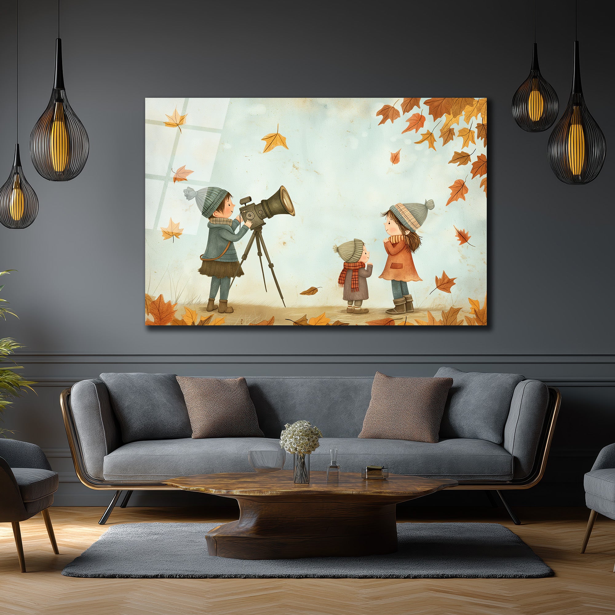 Sonbahar Keşfi Çocuklar ve Teleskop Cam Tablo