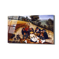Pieter Bruegel the Elder'ın 'Hasatçılar' tablosu, sıcak bir yaz gününde tarlada çalışan ve mola veren köylüleri gösteren, altın sarısı buğday tarlaları ve yemyeşil ağaçlarla dolu bir manzara.