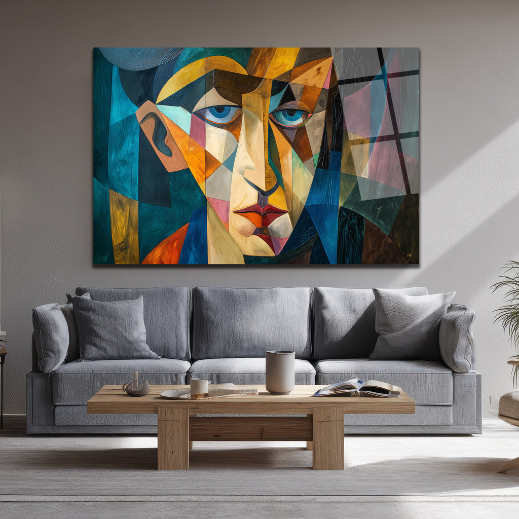 Kübizm Etkili Geometrik Portre Cam Tablo - Modern Sanatın Kalbi
