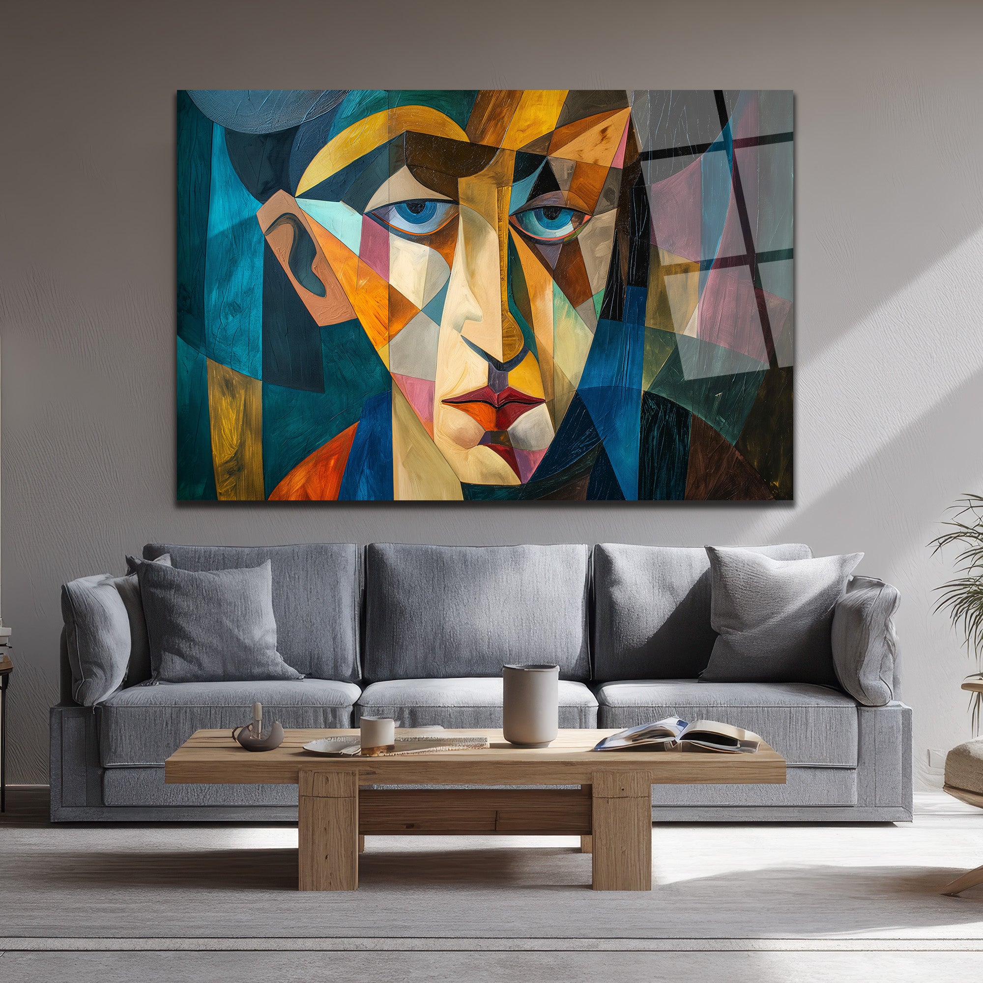 Kübizm Etkili Geometrik Portre Cam Tablo - Modern Sanatın Kalbi