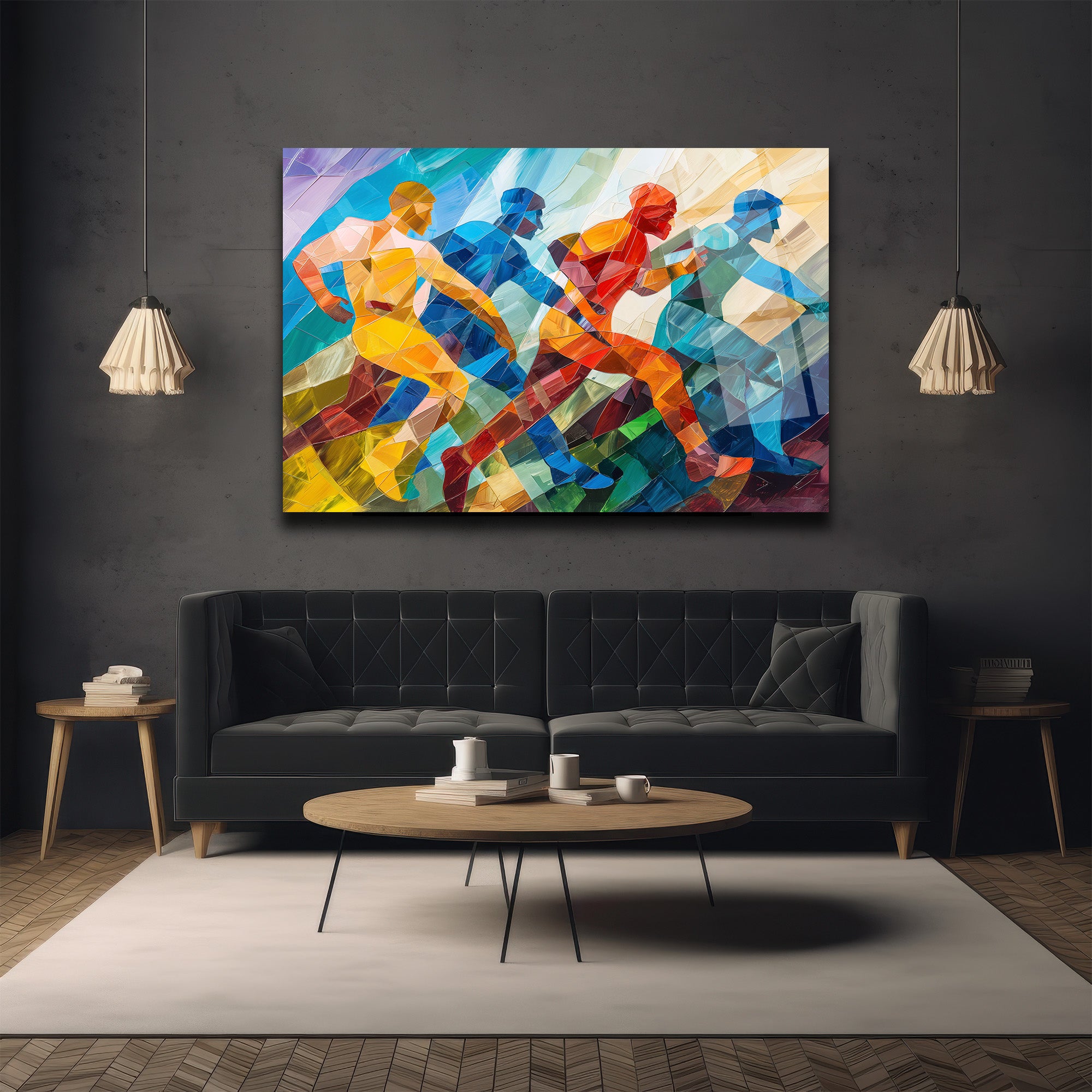 Dinamik Koşucular Modern Sanat Cam Tablo - Enerji ve Hız