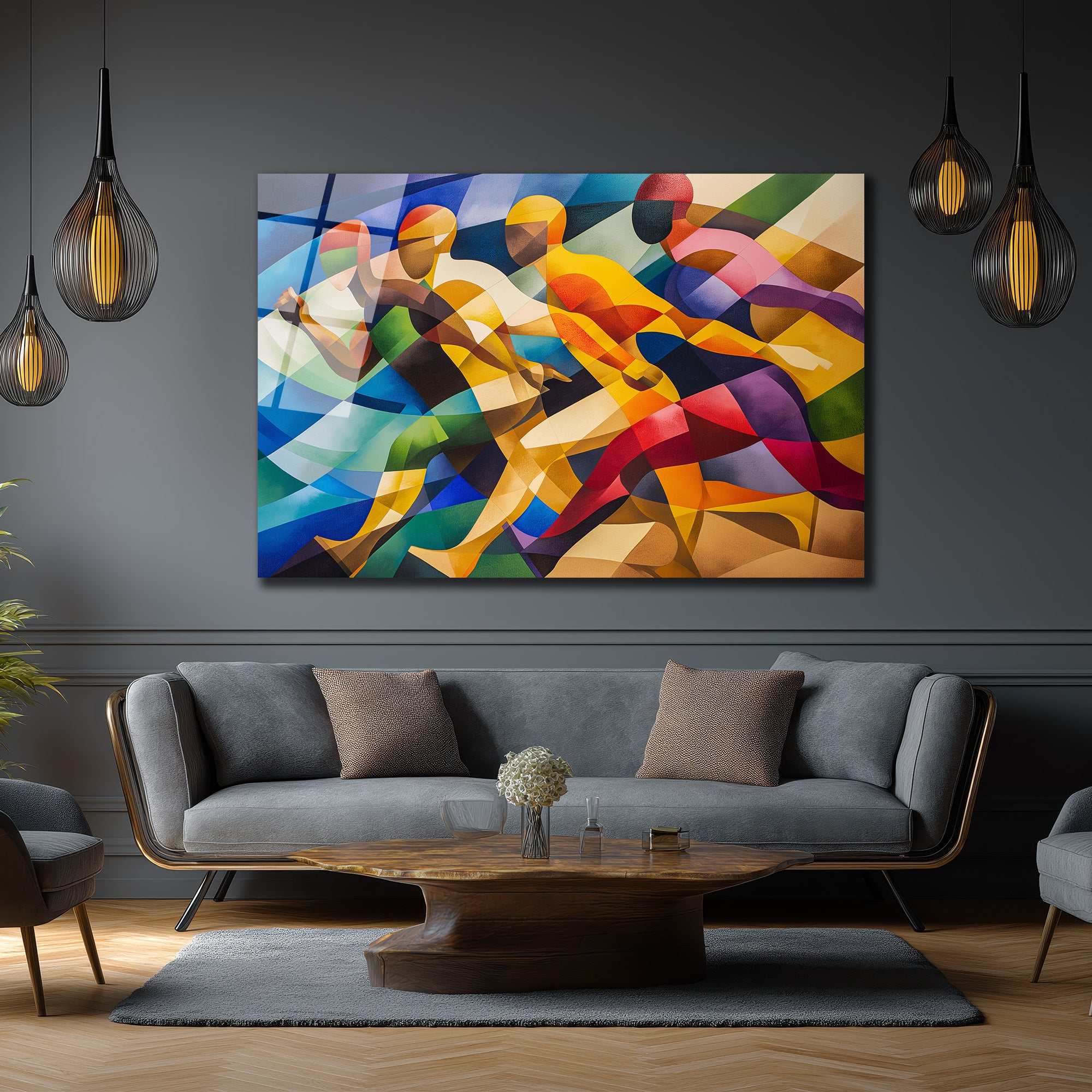 Dinamik Koşucular Modern Sanat Cam Tablo