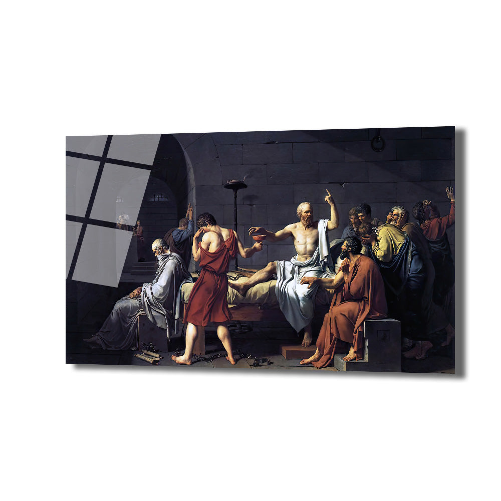 Jacques-Louis David'in 'Sokrates'in Ölümü' tablosunu gösteren cam tablo. Resimde, Sokrates hücresinde öğrencileri ve dostlarıyla çevrili, zehir kadehini alırken felsefi bir konuşma yapıyor. Karakterler kederli ve düşünceli ifadeler taşıyor, karanlık ve dramatik bir atmosfer hakim.