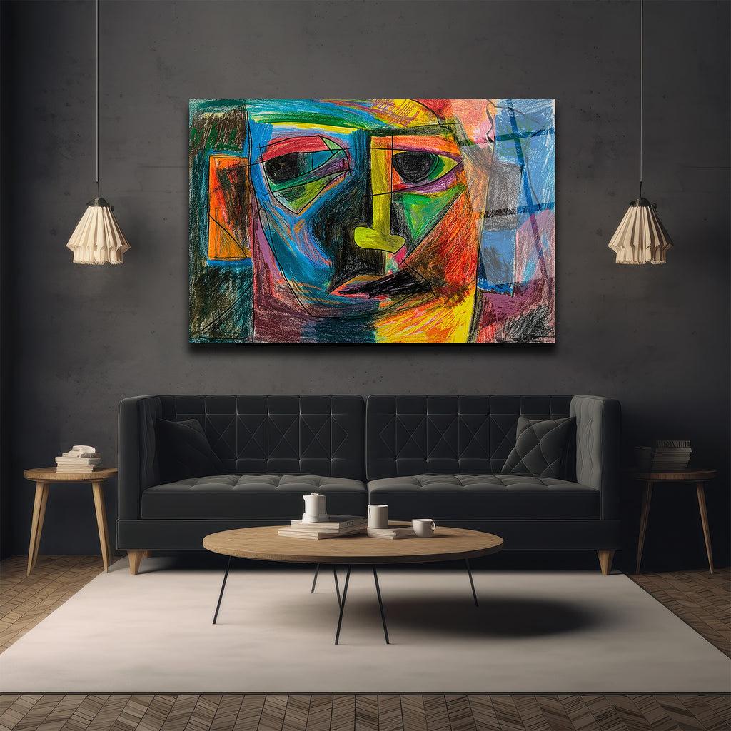 Soyut Yüzler Cam Tablo: Canlı Renklerle Modern Sanat Esintisi