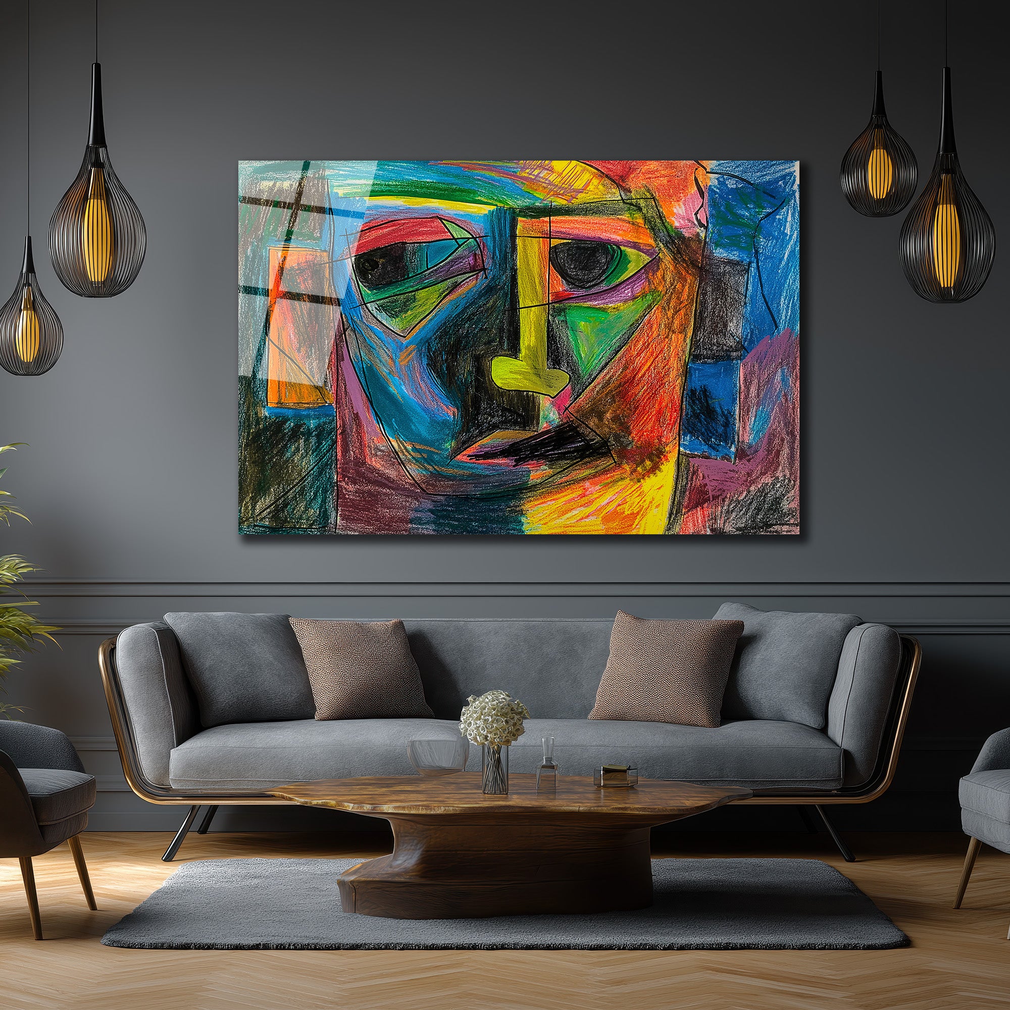 Soyut Yüzler Cam Tablo: Canlı Renklerle Modern Sanat Esintisi